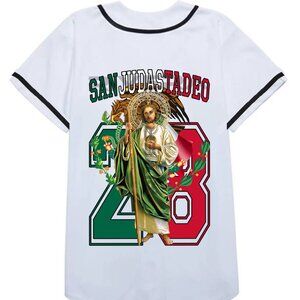 San Judas Tadeo Baseball Jersey White Mexico Map Flag, St. Jude Feast Day Oct 28